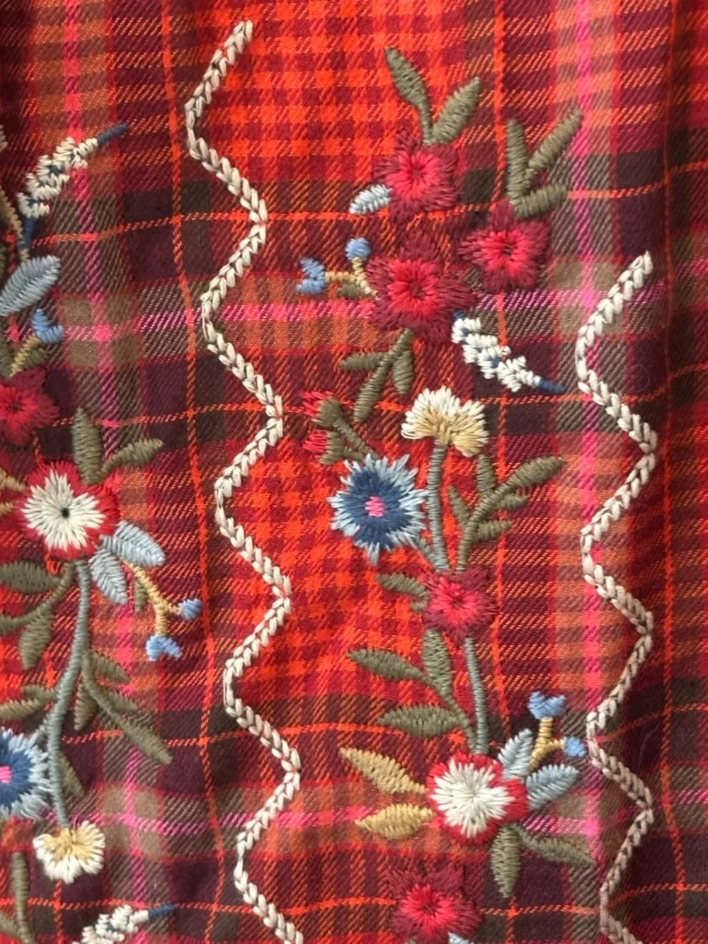 Johnny Was Workshop Roma Red Plaid Embroidered Button Up Tunic